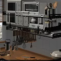 Black Metal Kitchen Shelf With Microwaves Spices Wooden Utensils And Hanging Hooks