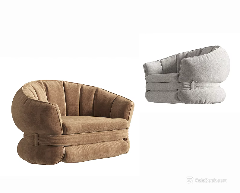 Modern Single Sofa Brown and Light Gray Plush Fabric Rounded Shape with Stitched Details 3d model