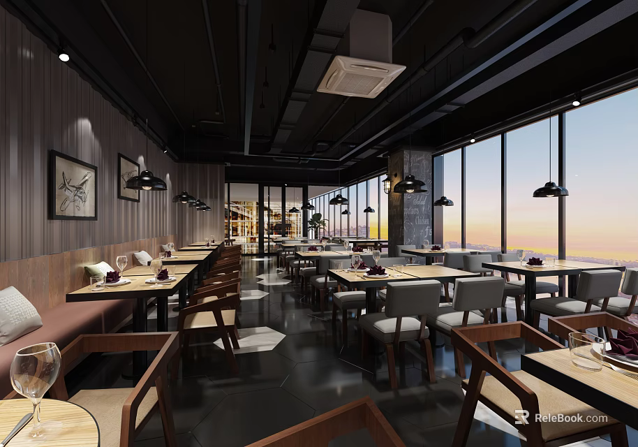 Modern Restaurant Interior With Spacious Dining Area Large Windows Wooden Tables And Hanging Lamps 3d model 
