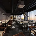 Modern Restaurant Interior With Spacious Dining Area Large Windows Wooden Tables And Hanging Lamps