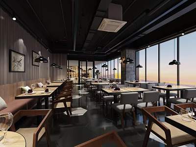 Modern Restaurant Interior With Spacious Dining Area Large Windows Wooden Tables And Hanging Lamps 3d model