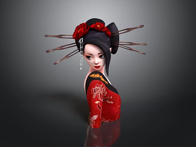 Traditional Japanese Woman In Red Kimono With Black Hair And Red Flower Hairpins 3d model