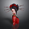 Traditional Japanese Woman In Red Kimono With Black Hair And Red Flower Hairpins