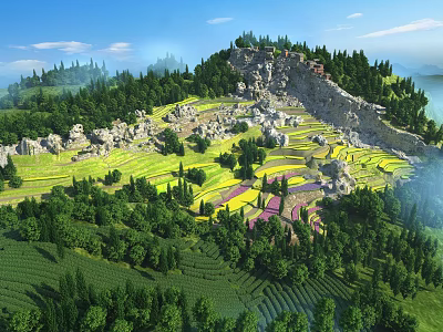 Scenic Mountain Landscape With Green Terraced Fields And Lush Forests Under Blue Sky 3d model