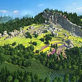 Scenic Mountain Landscape With Green Terraced Fields And Lush Forests Under Blue Sky