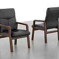 Pair of Sleek Office Chairs With Black Leather Seats And Wooden Frames