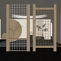 Wooden Room Divider With Grid Design And Circular Element In Modern Interior 3d model