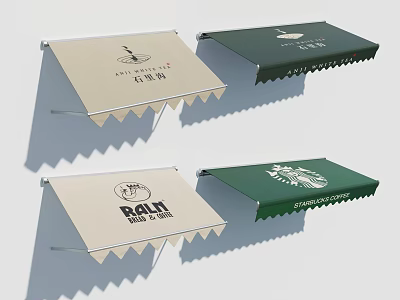Beige And Green Commercial Awnings With Brand Logos For Outdoor Business Use 3d model