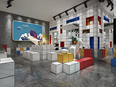 Modern Specialty Store Interior With Colorful Blocks White Deer Sculpture And Art Decor 3d model