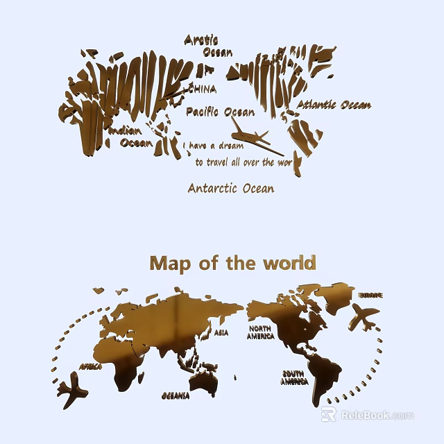 Decorative World Map Wall Decor With Ocean Names And Travel Theme 3d model 