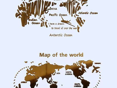 Decorative World Map Wall Decor With Ocean Names And Travel Theme 3d model