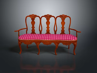 Classic Wooden Sofa With Carved Backrest Armrests And Pink Checkered Upholstered Seat 3d model