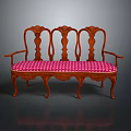 Classic Wooden Sofa With Carved Backrest Armrests And Pink Checkered Upholstered Seat