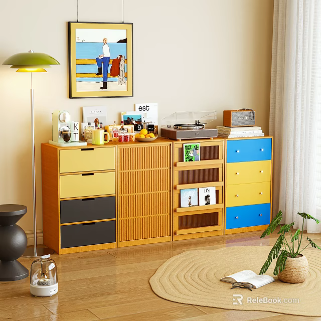 Modern Entryway Cabinet Sideboard With Colorful Drawers Open Shelves And Decor Items 3d model