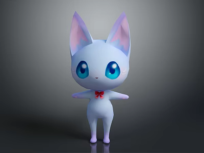 Cute Cartoon Cat Game Character With White Body Purple Ears And Red Bow Tie 3d model