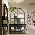 Stylish Entryway Hallway With Arched Glass Window Black Console Table Mirror Palm Plant And Bookshelves