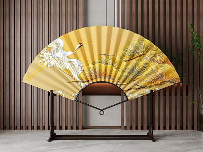 Elegant Fan Shaped Yellow Screen With Crane And Landscape Design On Wooden Stand 3d model
