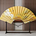 Elegant Fan Shaped Yellow Screen With Crane And Landscape Design On Wooden Stand