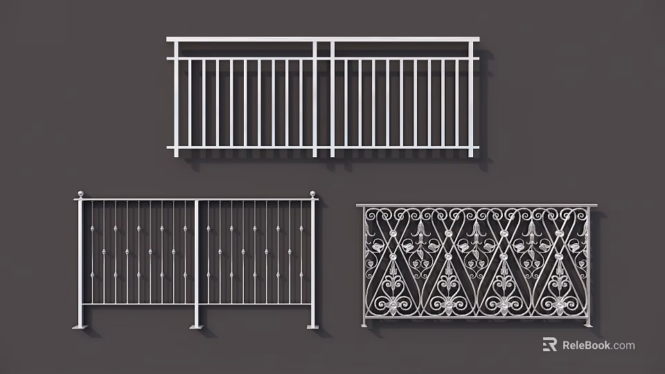 Different Styles of Metal Fences With Vertical Bars And Ornate Patterns 3d model 