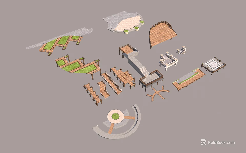 Outdoor Wooden Garden Structures With Deck Seating Pathways And Patio 3d model