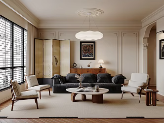Quiet Ancient Living Room Multi-Person Sofa Single Chair Coffee Table Screen 3d model