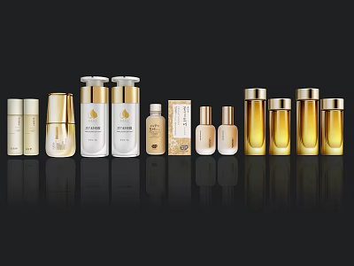 Elegant Luxury Perfume Cosmetics Collection With Gold And White Bottles And Skincare Products 3d model