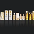 Elegant Luxury Perfume Cosmetics Collection With Gold And White Bottles And Skincare Products