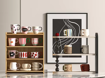 Various Decorative Cups with Different Patterns Displayed on Wooden Shelves in Home Decor 3d model