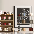 Various Decorative Cups with Different Patterns Displayed on Wooden Shelves in Home Decor