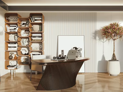 Modern Dark Curved Desk In Study Room With Wooden Bookshelf Books Decorations And Potted Plant 3d model