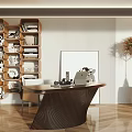 Modern Dark Curved Desk In Study Room With Wooden Bookshelf Books Decorations And Potted Plant