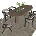 Modern Oval Wooden Dining Table With White Cushioned Chairs And Green Plant On Woven Rug