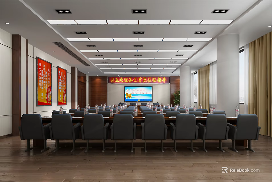 Modern Conference Room Interior With Long Table Chairs Large Screen And Wall Banners 3d model