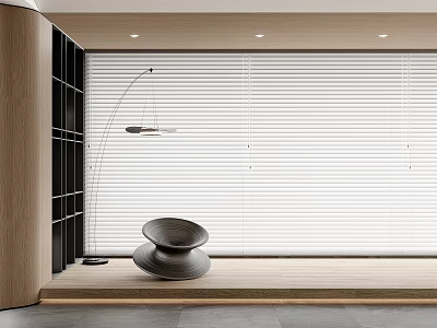 Modern Interior Featuring White Blinds Wooden Elements Designer Chair And Lighting 3d model