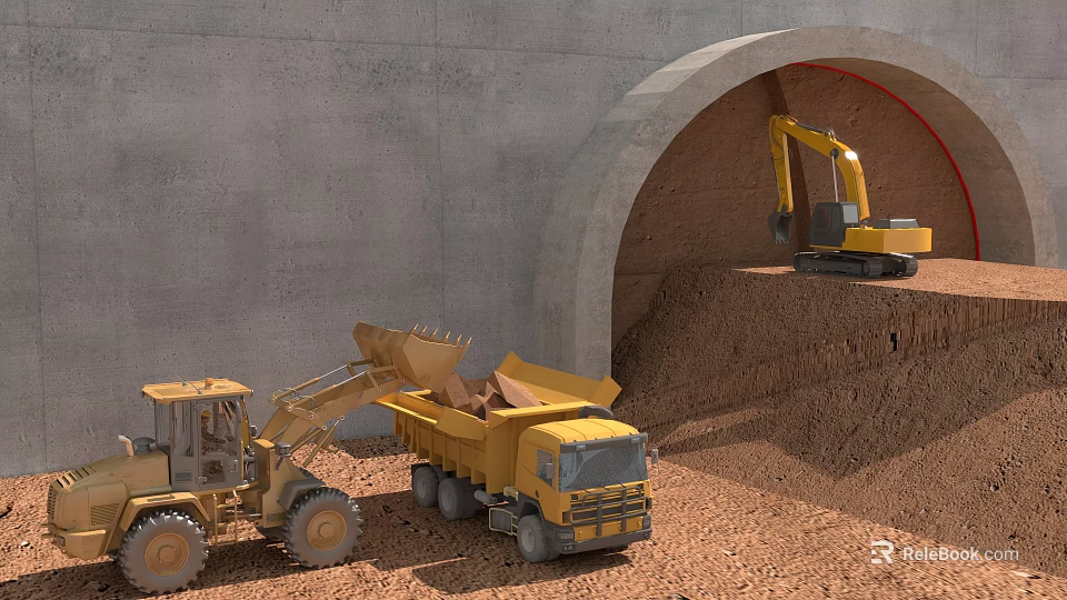 Tunnel Construction Site With Excavator And Dump Truck Loading Dirt 3d model 
