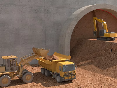 Tunnel Construction Site With Excavator And Dump Truck Loading Dirt 3d model