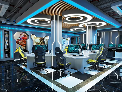 Modern Esports Gaming Cafe Design With Multiple Computers Blue Lighting And Yellow Seats 3d model