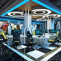 Modern Esports Gaming Cafe Design With Multiple Computers Blue Lighting And Yellow Seats