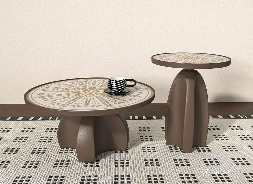 Round Coffee Tables With Patterned Tops And Curved Brown Bases On Geometric Rug 3d model 