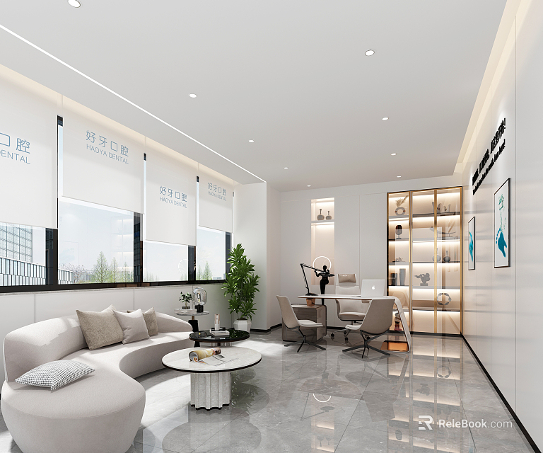 Modern Office Interior With L shaped Sofa Round Coffee Table Green Plant And Bookshelf 3d model 