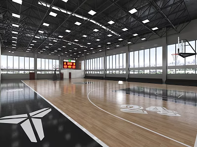 Spacious Indoor Basketball Gymnasium With Wooden Floor Basketball Hoop Scoreboard And Ceiling Lights 3d model
