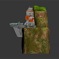 3D Model Of Rock Structure With Green Mossy Surface Red Blue White Building And Platforms