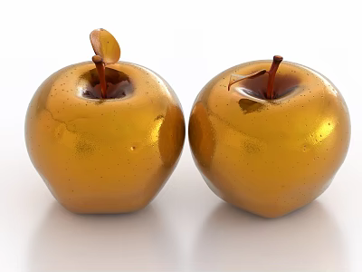 Golden Apple Decorative Ornament Set With Shiny Surface And Leaf Accents 3d model