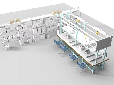 Industrial Workshop Equipment Setup With Metal Workbenches Shelves And Blue Chairs 3d model