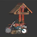 Mini Garden Ornament With Tile Roof House Well Red Motorcycle And Tools