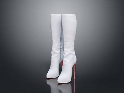 White Knee High Boots with Red Stiletto Heels and Sleek Design 3d model