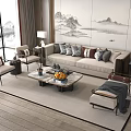 Modern Elegant Sofa and Coffee Table Set with Decorative Pillows Fruit Tray and Large Windows 3d model