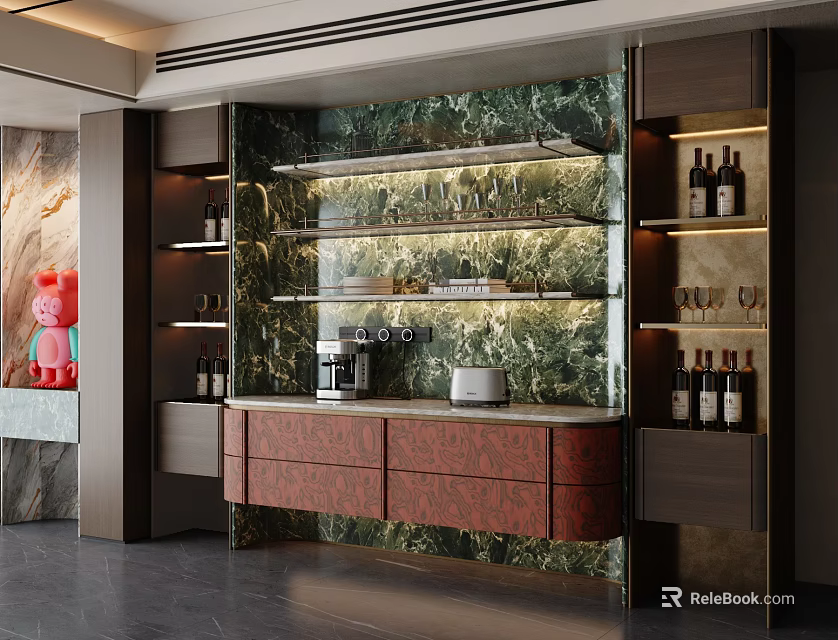 Modern Wine Cabinet With Marble Backsplash Glass Shelves LED Lighting And Dark Wood Storage 3d model 
