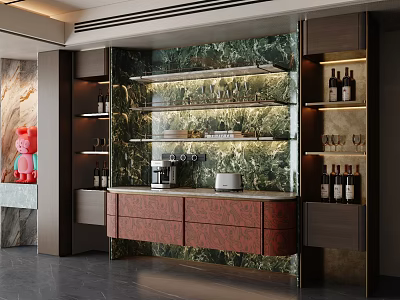 Modern Wine Cabinet With Marble Backsplash Glass Shelves LED Lighting And Dark Wood Storage 3d model