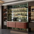 Modern Wine Cabinet With Marble Backsplash Glass Shelves LED Lighting And Dark Wood Storage
